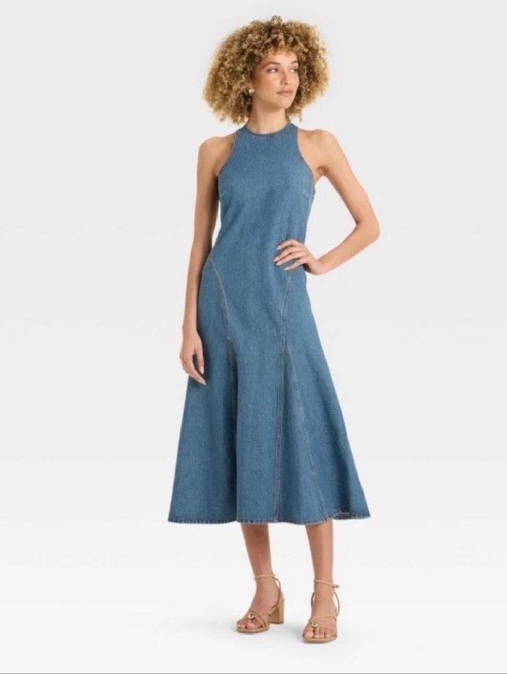 Future Collective High Neck Sleeveless Racerback Denim A-Line Swing Midi Dress 8